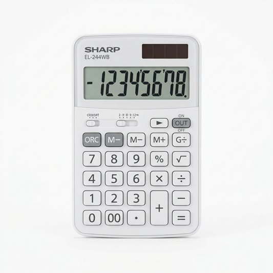 White Sharp EL-244WB pocket calculator with dual solar/battery power and a large 8-digit LCD screen.