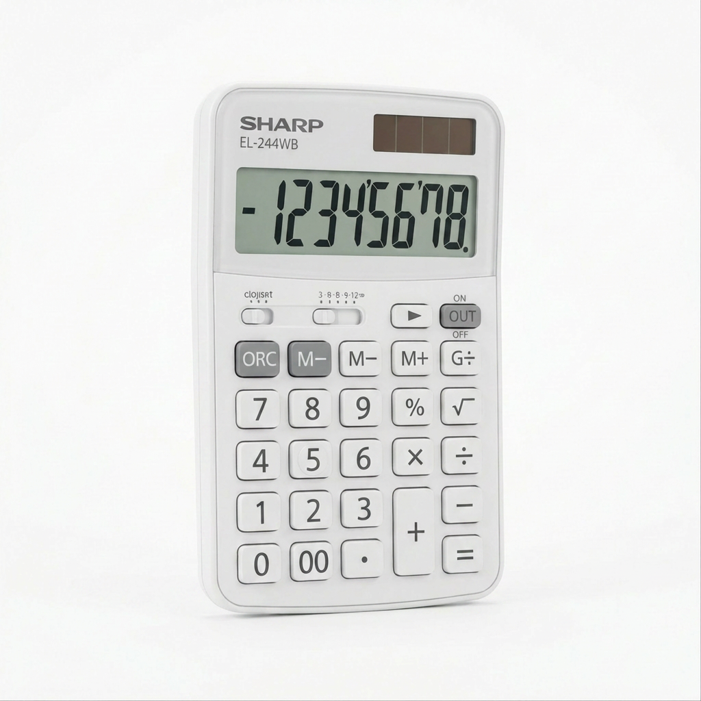 A photorealistic studio product photo of a white SHARP EL-244WB calculator on a pure white background, angled to show its left side. The calculator features a grey and white keyboard and an 8-digit display showing "-12345678", with a soft natural shadow below it.