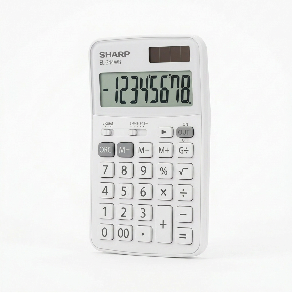 A photorealistic studio photograph of the Sharp EL244WB calculator, angled to show the right side on a white background with a soft shadow.