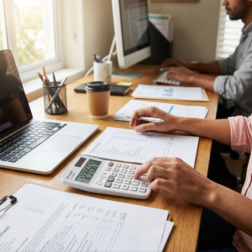 A person is actively using the white Sharp EL244WB in a busy office with natural light.