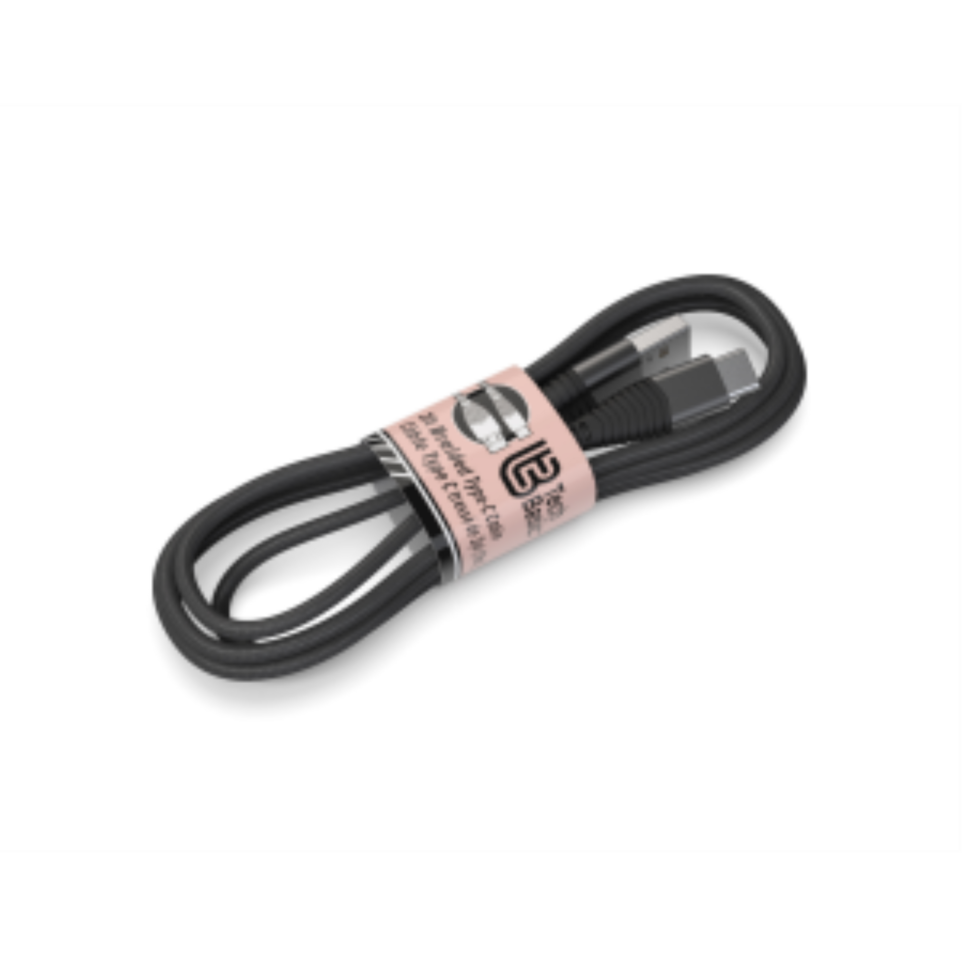 Coiled 3ft black braided Type-C to USB cable with pink paper packaging and tech icons.