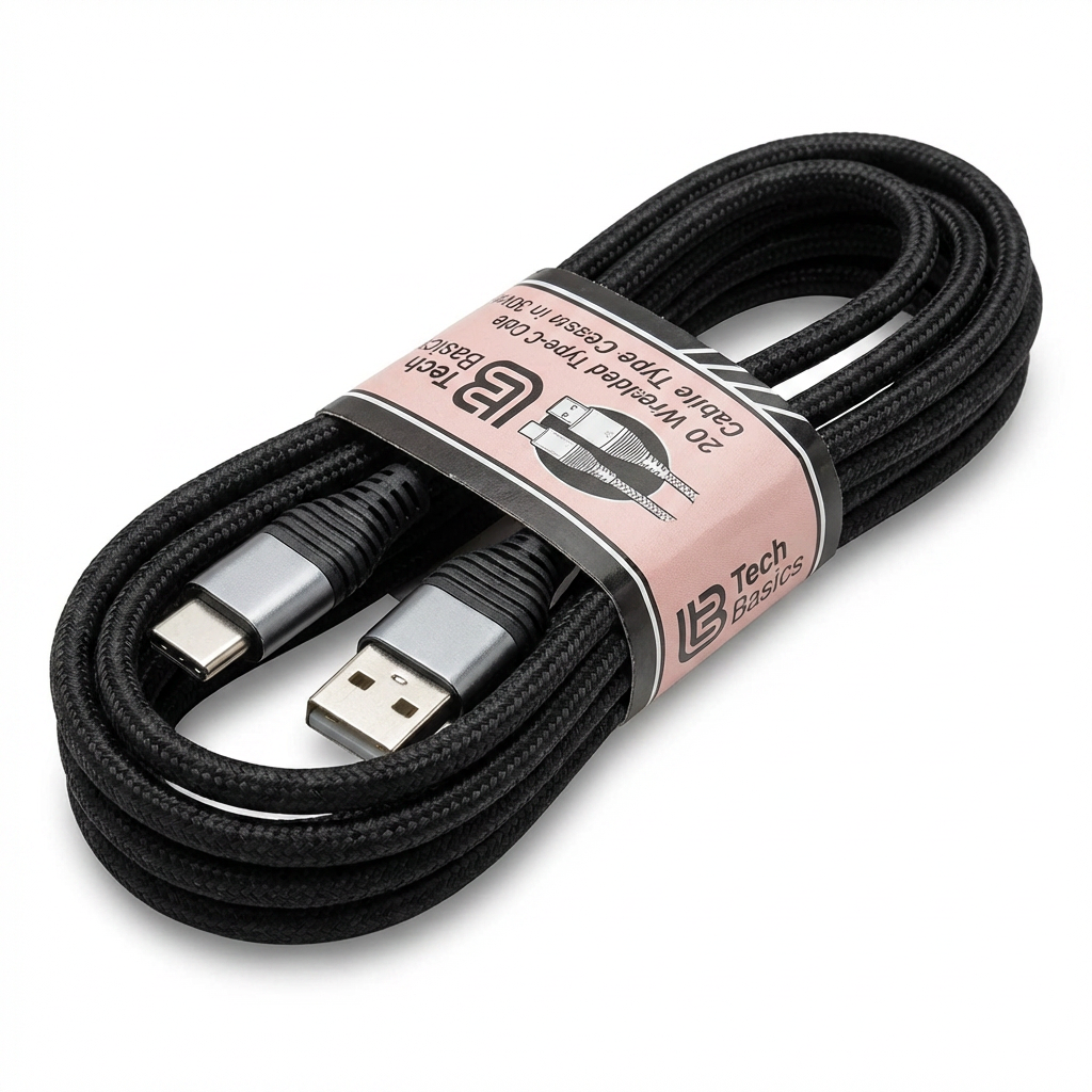 A photorealistic studio product photograph of the Tech Basics black braided USB-C to USB-A cable, coiled and bound with its pink paper band. The cable is angled to show the right side, centered on a pure white background with a soft natural shadow.