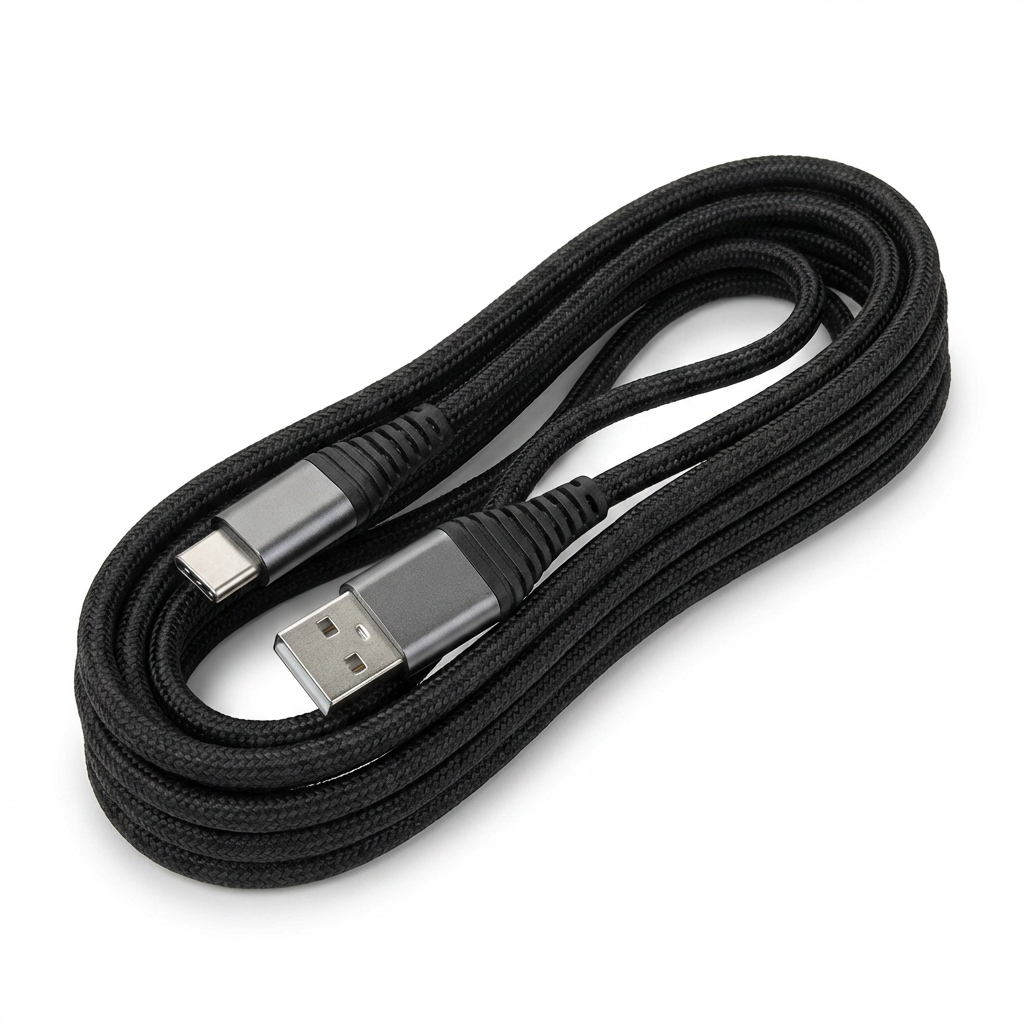 A photorealistic studio shot of the Tech Basics coiled black braided 3ft USB-C to USB-A cable without its paper band. It is centered on a pure white background with a soft shadow, angled to show the left side of the coil and connectors.