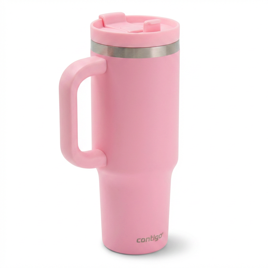 A photorealistic studio product photo of the pink Contigo tumbler, angled to show the left side, on a white background with a soft shadow.