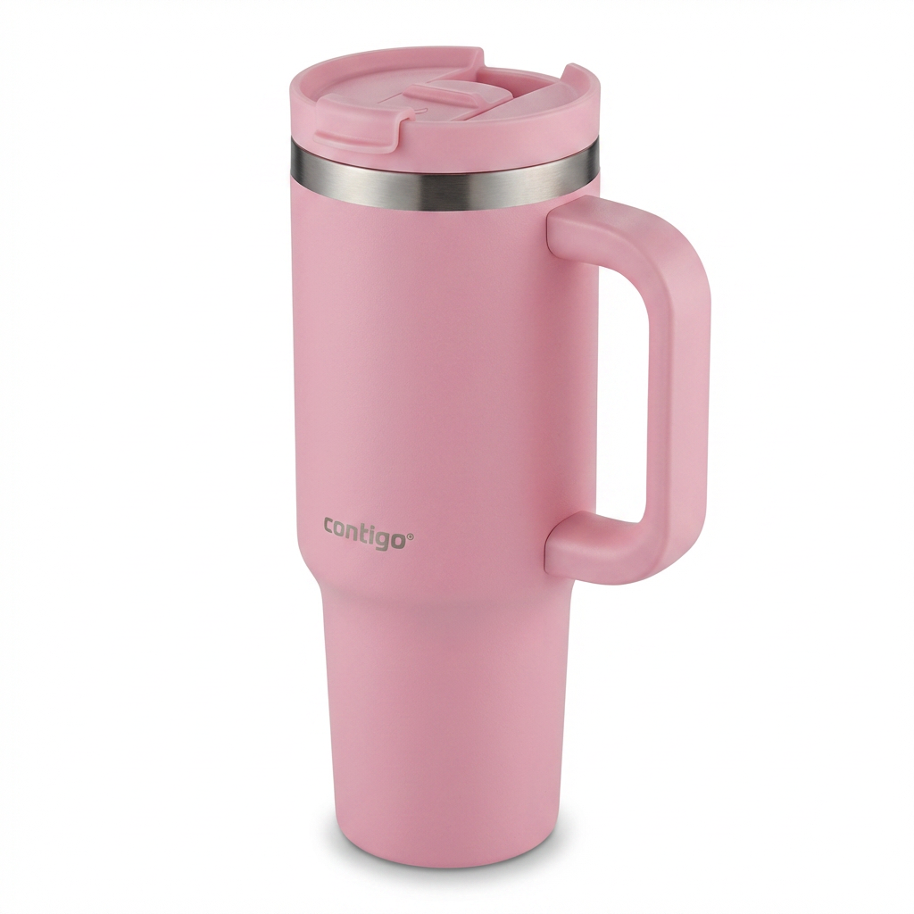 A photorealistic studio product shot of the pink Contigo Streeterville Leak-Proof Tumbler, angled to show the handle on the right. It is centered on a pure white background with a soft shadow.