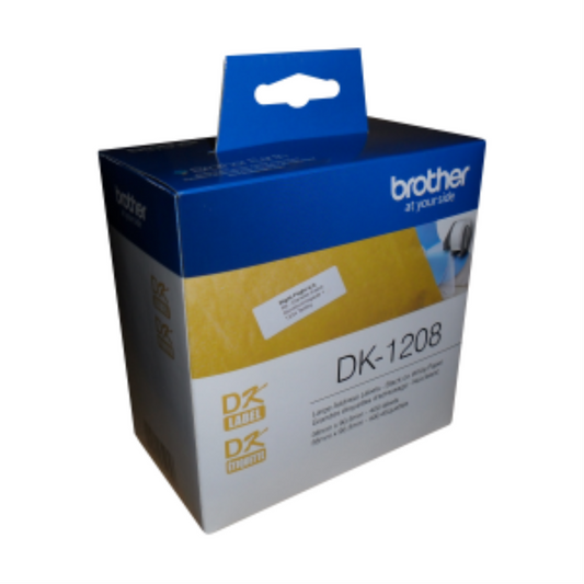 Box of Brother DK-1208 Large Address Labels, 400 count, 1.4 in x 3.5 in black on white paper.