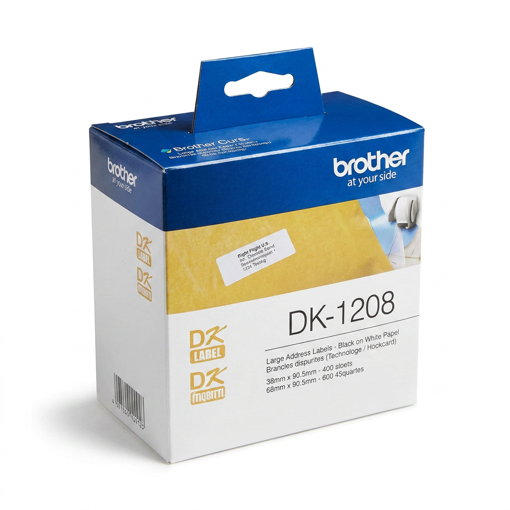 Below is the requested photograph of the product. The image shows a single box of Brother DK-1208 large address paper labels, featuring its distinct blue, yellow, and white branding. The studio shot is taken from an angle highlighting the front and left side of the package, centered on a pure white background with a soft, natural shadow.