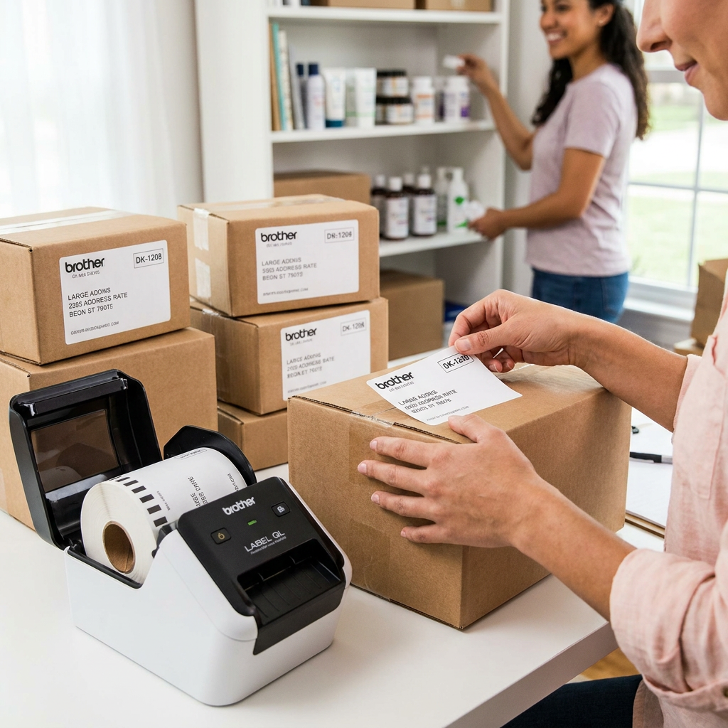 A woman in a home office uses a Brother QL printer to print and apply a DK-1208 large address label to a shipping box.