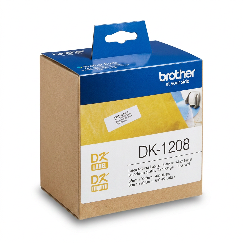 A photorealistic studio photograph of an angled Brother DK-1208 Large Address Paper Labels box on a pure white background.