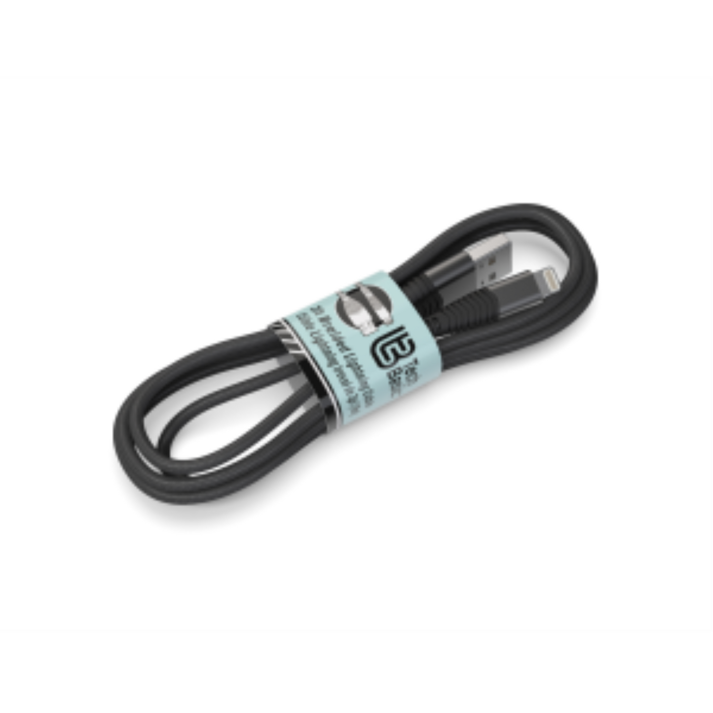 A black, coiled 3 ft MFi Certified Lightning to USB-A cable with Tech Basics branding.