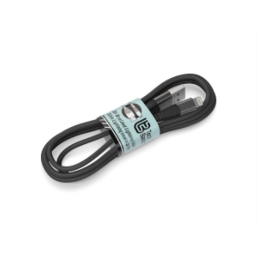 A black, coiled 3 ft MFi Certified Lightning to USB-A cable with Tech Basics branding.