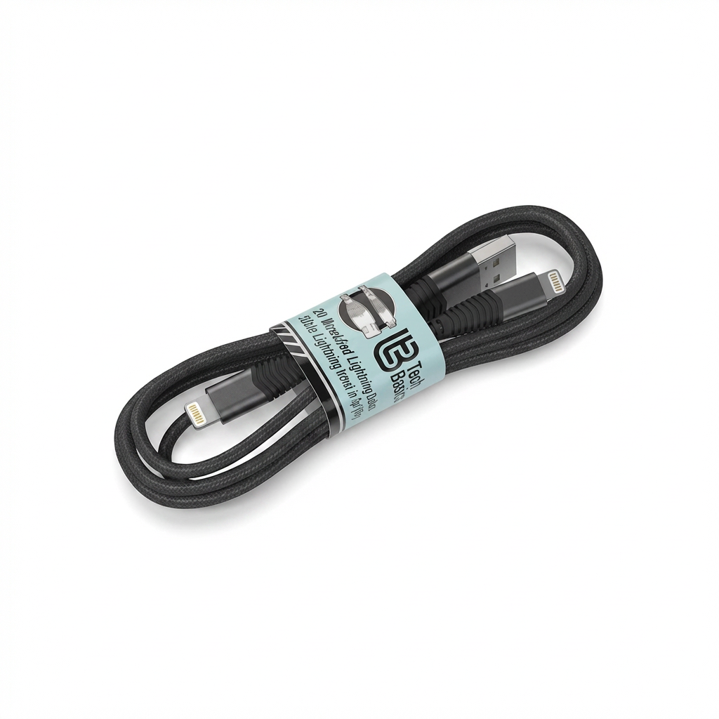 A photorealistic studio product photograph on a pure white background, showing the Tech Basics black Lightning cable coiled and angled towards the left, held by its blue band.