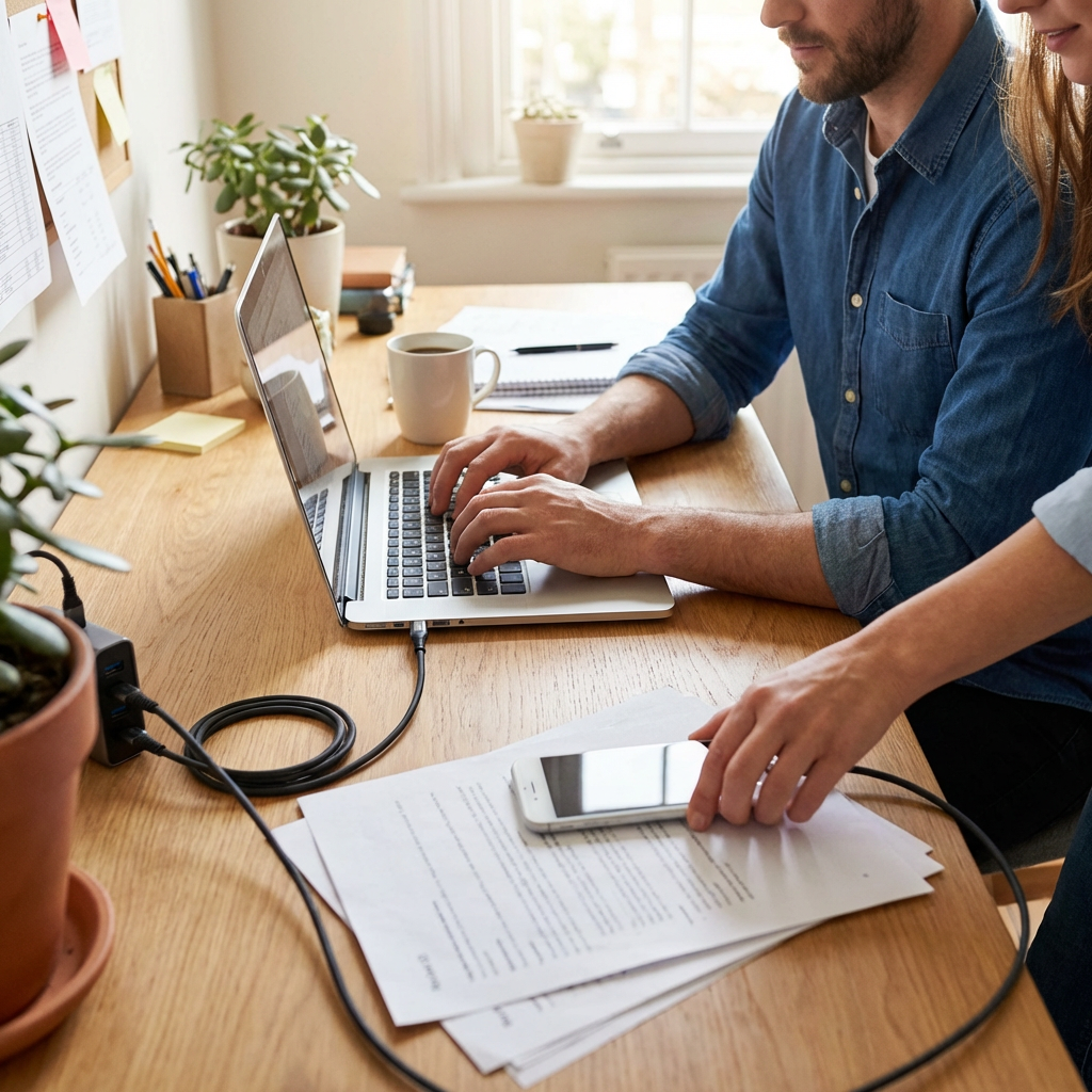 A photorealistic lifestyle image showing two people in a home office. One person's hand is connecting a black Tech Basics Lightning cable from a laptop hub to a smartphone on a wooden desk.