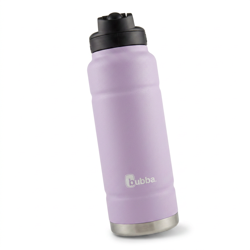 A photorealistic studio product photo of the lavender Bubba Trailblazer water bottle, angled to the left on a white background.
