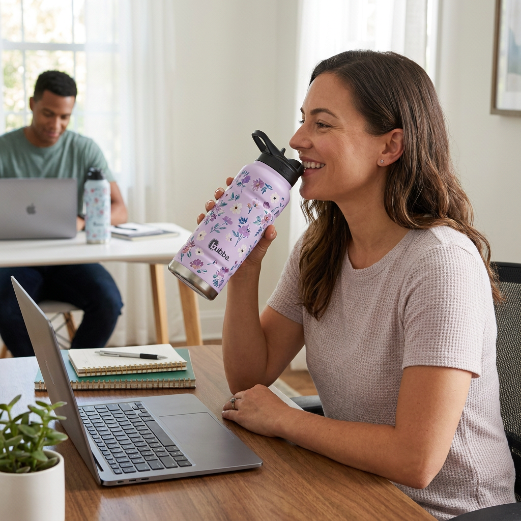 A woman in a home office smiles while drinking from the floral purple bubba Trailblazer water bottle.